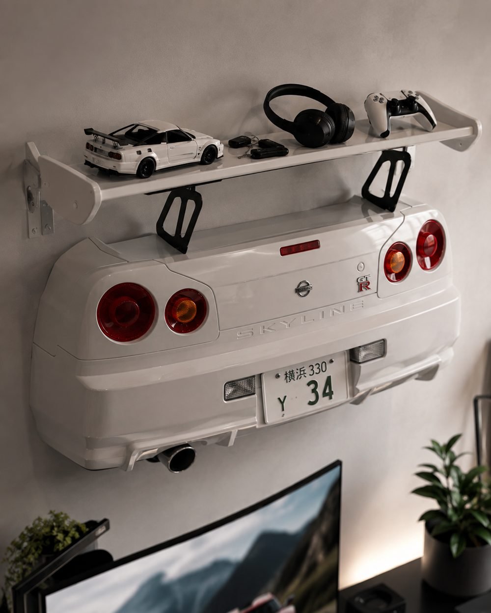 Automotive wall display mounted and styled on a shelf