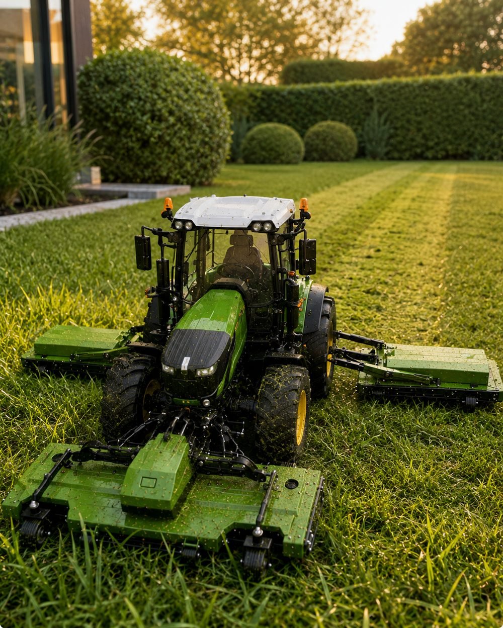 GrassWorks GX-64 FoldCut remote-control mower cutting a lawn hands-free