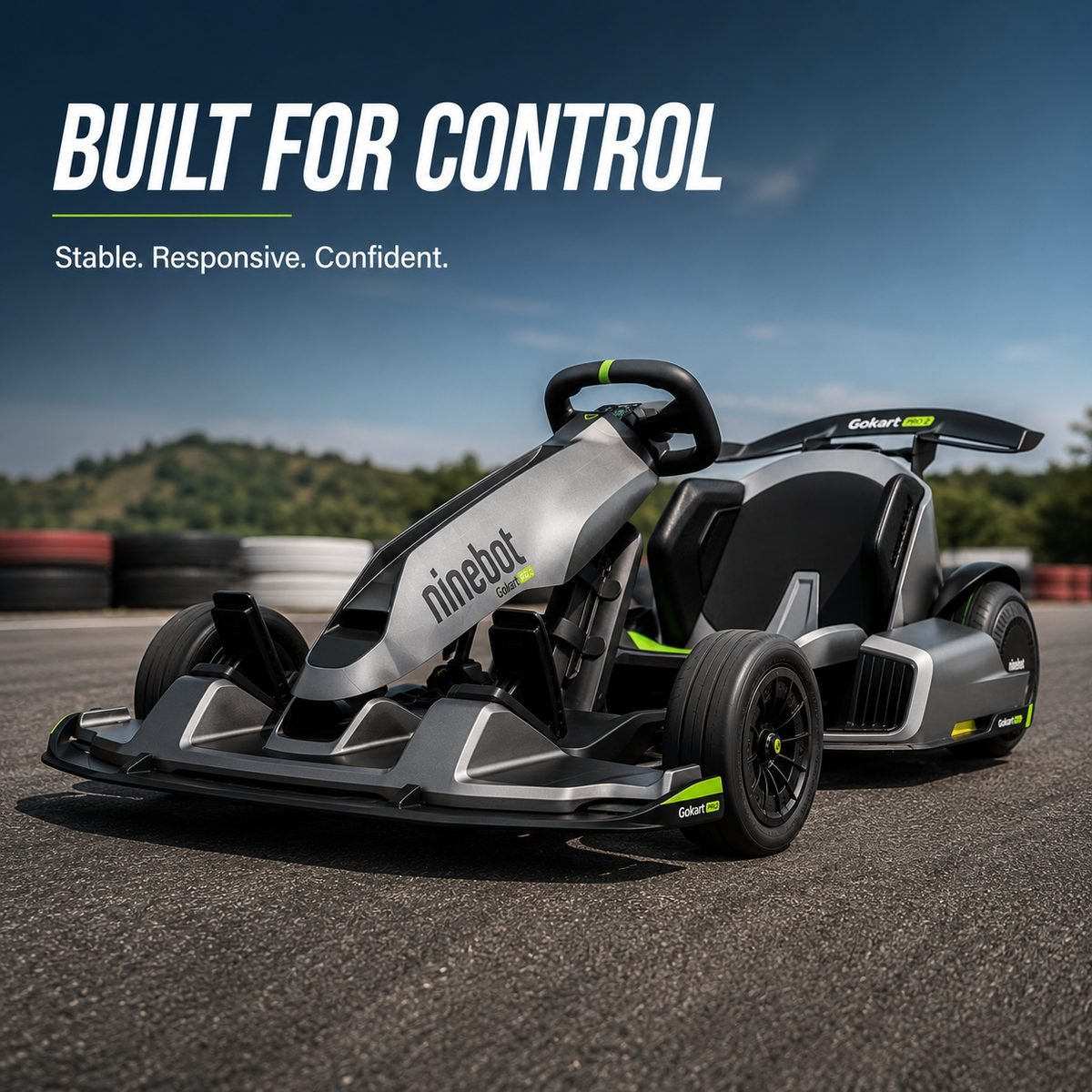 Ninebot GoKart Pro 2 design and control details, showing the cockpit, wheel and build