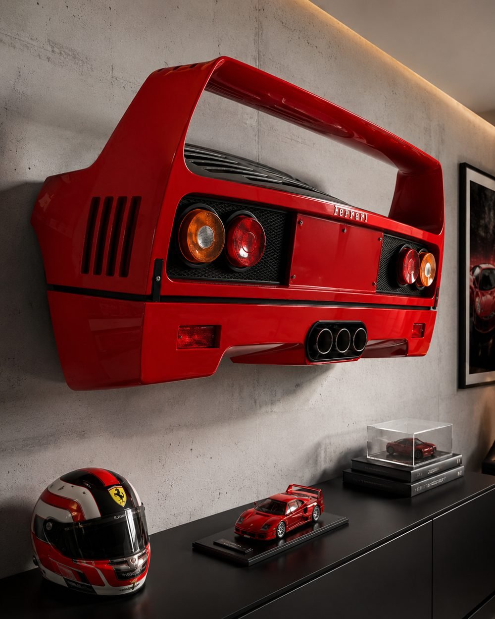 3D automotive wall display featuring a red sports car